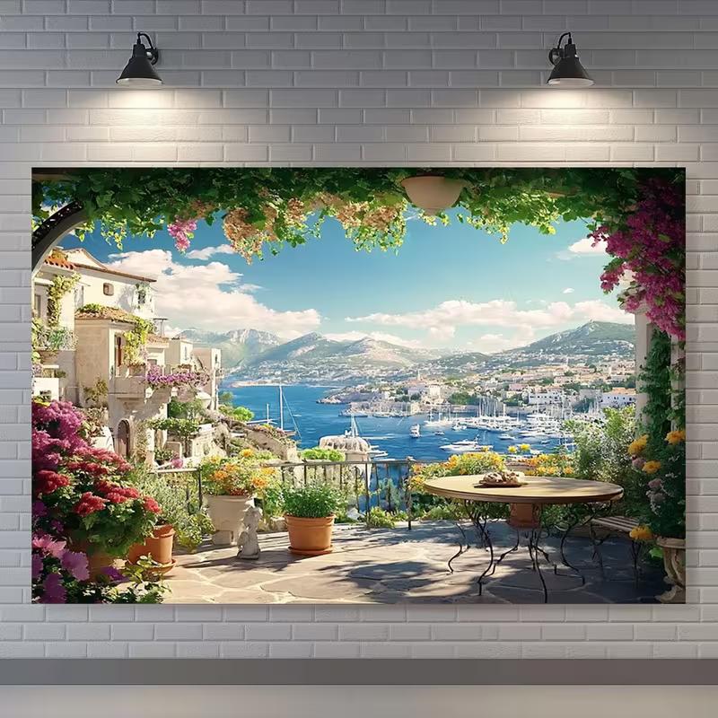 Amalfiküste Balkon Wandteppich, Küstenstadt und Blaues Meer für Wohnzimmer