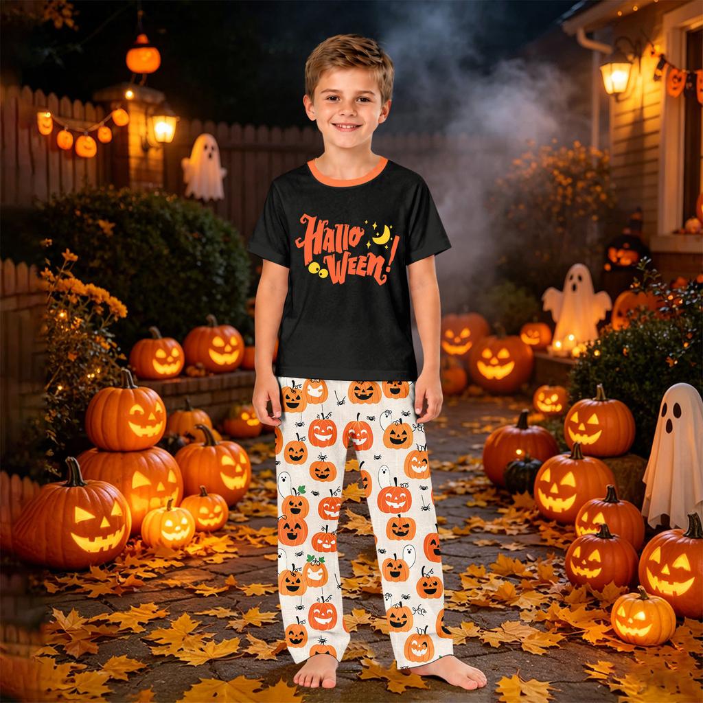 Family Matching Halloween Printed Pajama Set Short Sleeve Top and Pants for Mom and Kids