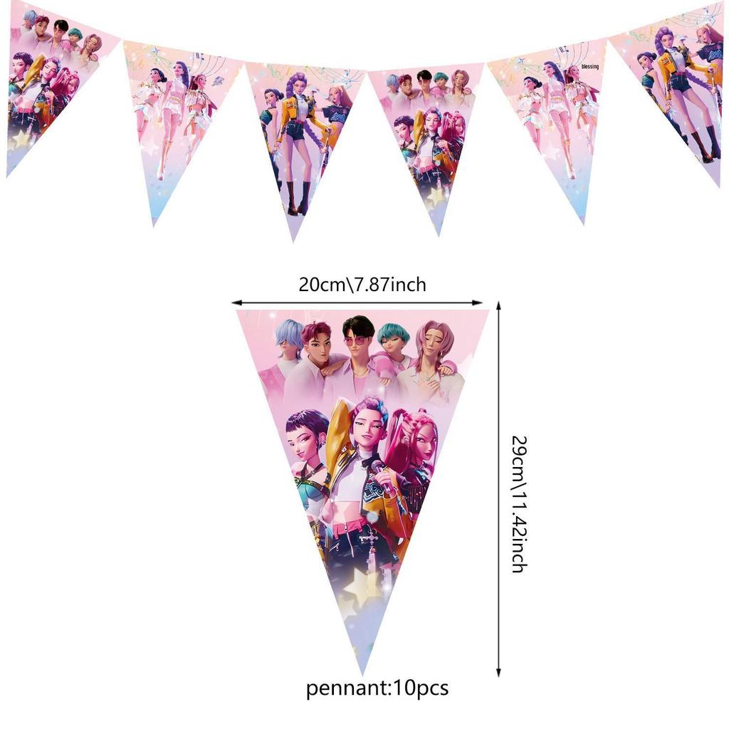 Demon Hunter K-POP Birthday Party Set: Paper Plates, Cups, Tableware, Banner, Flags