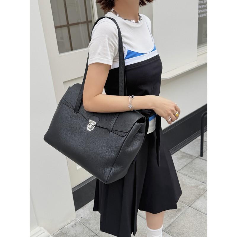 Vintage-Style Leather Tote Bag Women Large Capacity Shoulder Flap Soft Full-Grain Cowhide Daily Commute Casual
