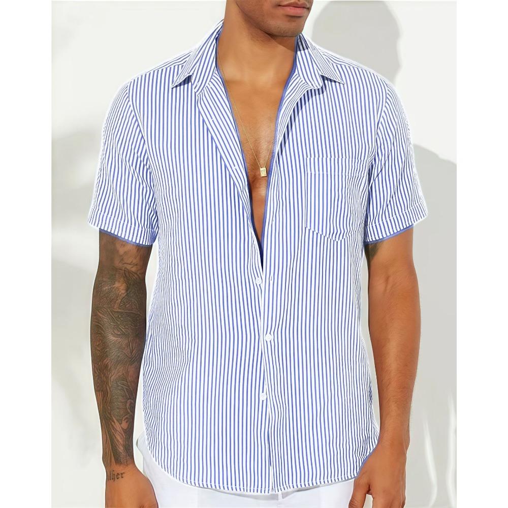 

New Style Fashionable Men s Woven Striped Casual Short-sleeved Shirt S небо синє кольору