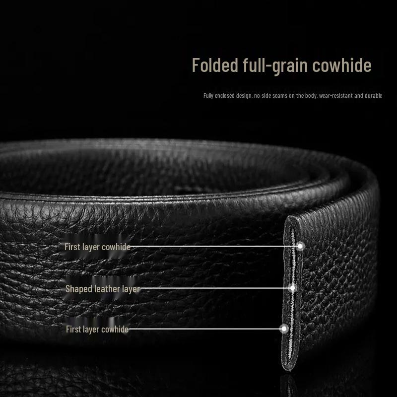 Buckle-Free Leather Belt for Men - Genuine Leather, Automatic Buckle, Versatile Lychee Grain Cowhide.