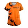 Plus Size Halloween Printed Working Uniform Tops For Women V-Neck Short Sleeve T-Shirts Workwear Tee With Pockets