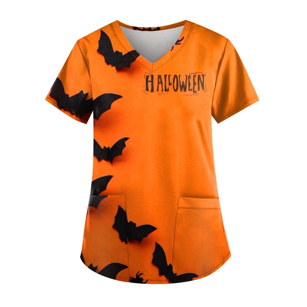 Plus Size Halloween Printed Working Uniform Tops For Women V-Neck Short Sleeve T-Shirts Workwear Tee With Pockets