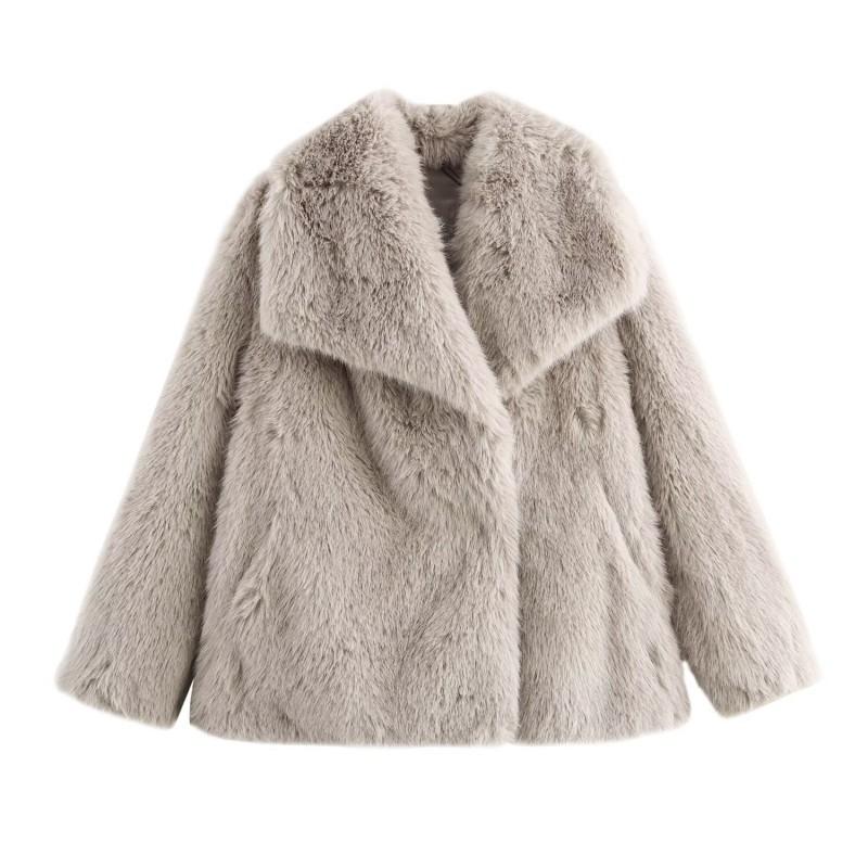 Damen Kunstpelz Kurzmantel Winter Streetwear Oversized Lockerer Schnitt Einreiher Jacke Schwarz Beige Weinrot Grau
