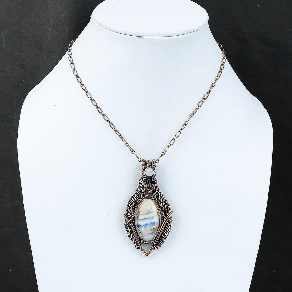 Blue Scheelite Pendant Copper Wire Wrapped Pendant Rainbow Moonstone Gemstone Pendant Handmade Copper Jewelry Anniversary Gift Healing Stone