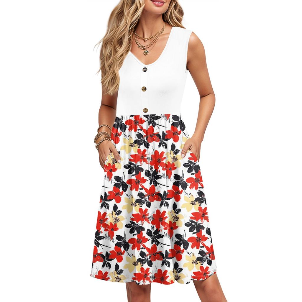 Women Summer Printing Dresses Sleeveless Casual Loose Swing Button Down Midi Sundress With Pockets