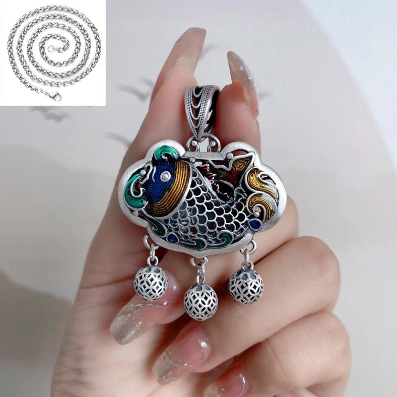 New In Classic   Carp Fish Lotus Tassel Necklace For Women Ethnic Style Blue Lotus Double Sided Pendant Jewelry Gift