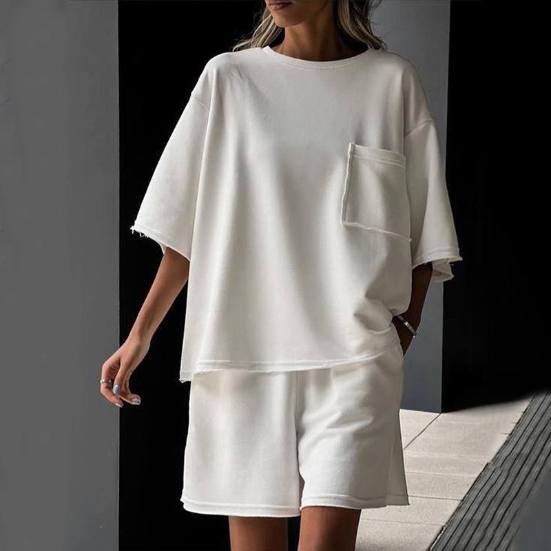 

Women s Casual Two-Piece Set Loose Short Sleeve T-Shirt With Pocket + Shorts Summer Loungewear Tracksuit XL білий