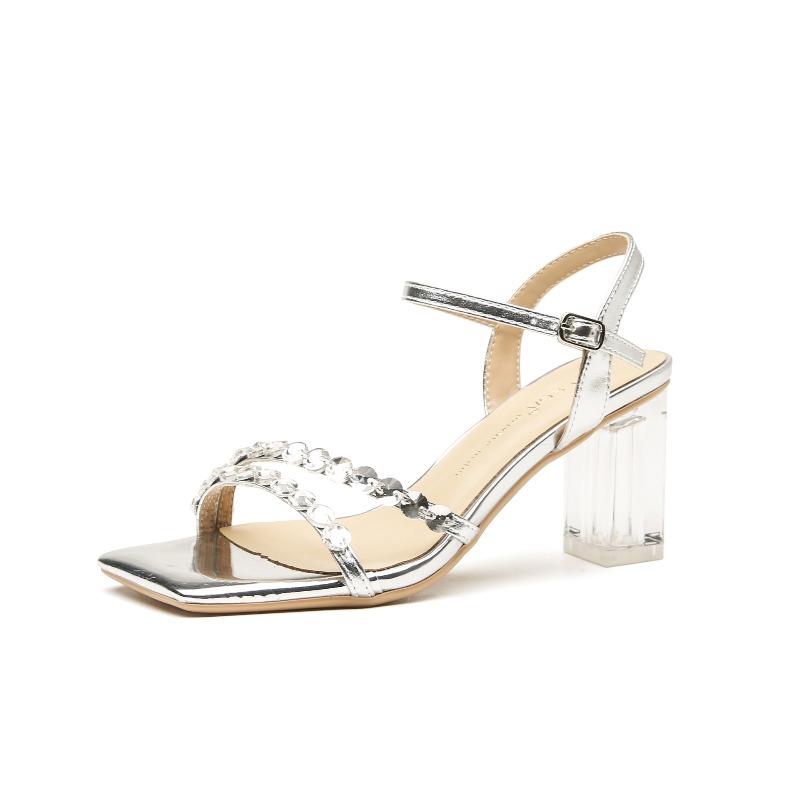 With skirt silver high heels summer new rhinestone word with crystal thick heel sandals