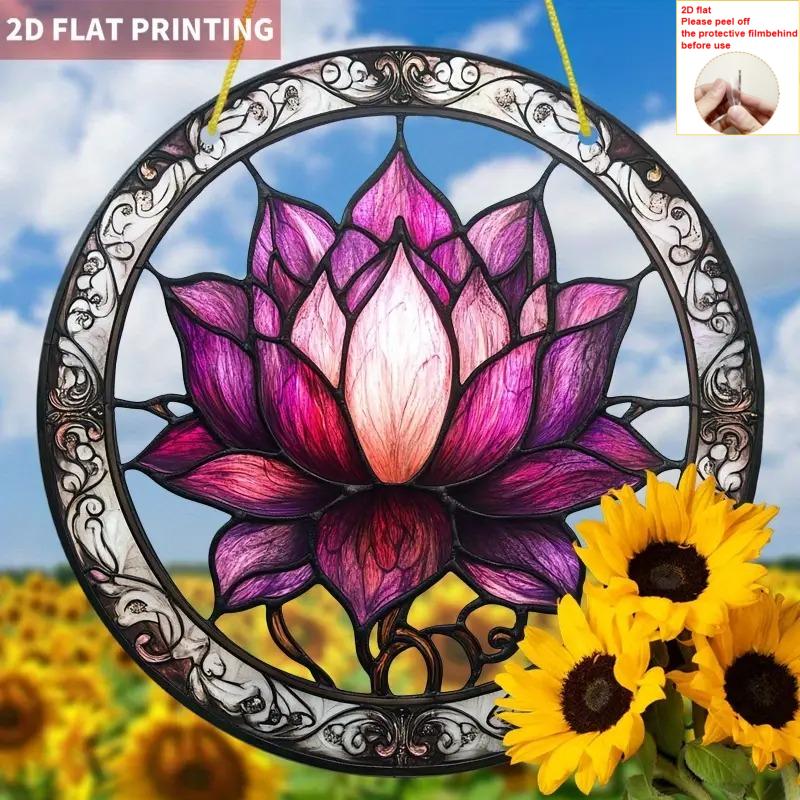 

Elegant for Lotus Flower Sun Catcher, Round Acrylic Sign, Stained Glass Style Window Hanging Decoration, Romantic, Perfect for Home Decoration 20*20cm