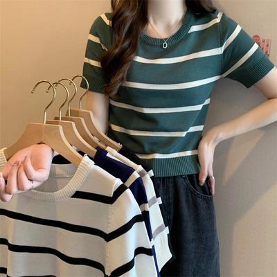 Short Striped Knit T-shirt Female Summer Fashion Fashion Short-sleeved Slim Thin Tops Casual Essential Comfort and Style Slim Fit Pullovers Tees