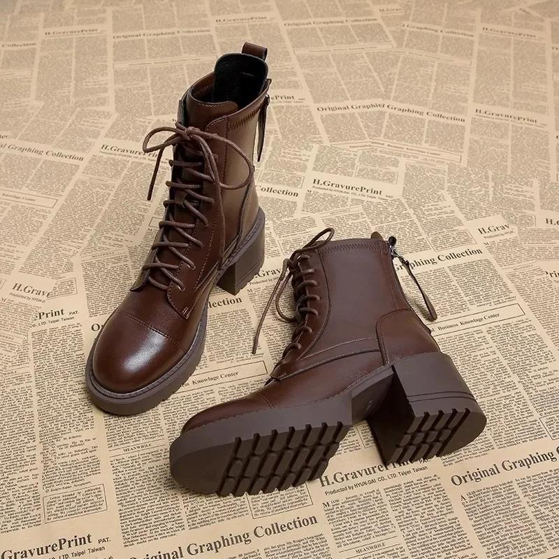 Women's Boots High Quality Casual Leather Boots Classic Lace-up Ankle Boot 6cm Thick Heel Platform Boots for Women Botas Mujer