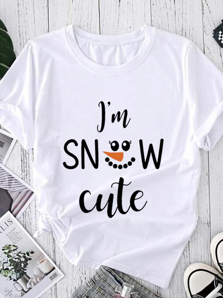 

Woman Christmas Print Harajuku Summer Tshirts Casual Round Neck Short Slee Top Tee Shirt Graphic T-Shirt Kawaii Basic Tee Top XXXL білий