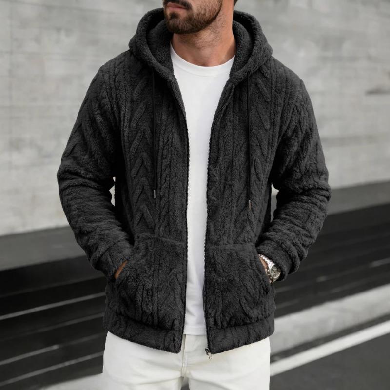 Men Zip-Up Hooded Fleece Jacket With Cable Knit Texture S чёрный