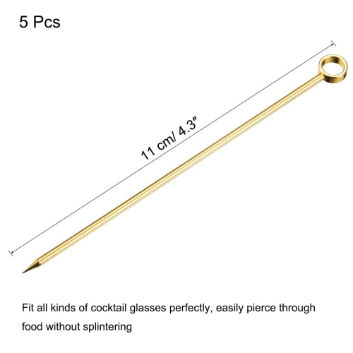 Uxcell Metal Cocktail Picks, Cocktail Toothpicks, 5-Pack, Reusable Stainless Steel Round Toothpicks for Drinks, Appetizers, and Fruit, Gold