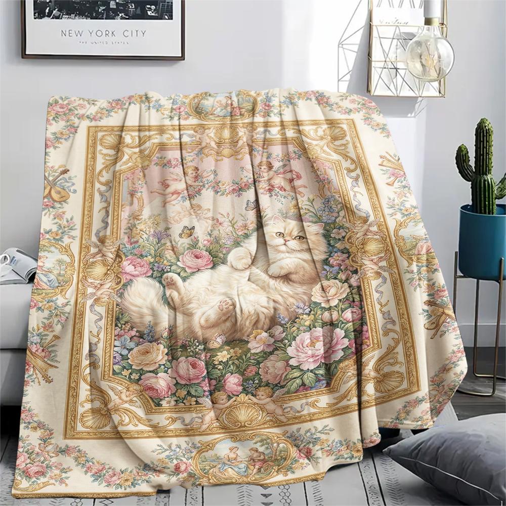 Cat Flower Print Flannel Blanket, High quality Comfortable for All Seasons, Home Decor, Warmth and Comfort, Perfect for Christmas Gifts43