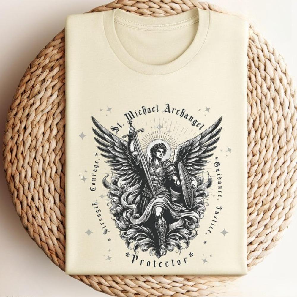 St Michael Archangel Tshirt Catholic Vintage ClipArt Gifts Shirt Retro Church Clothing Devotional  Men Women Cotton Tee Tops