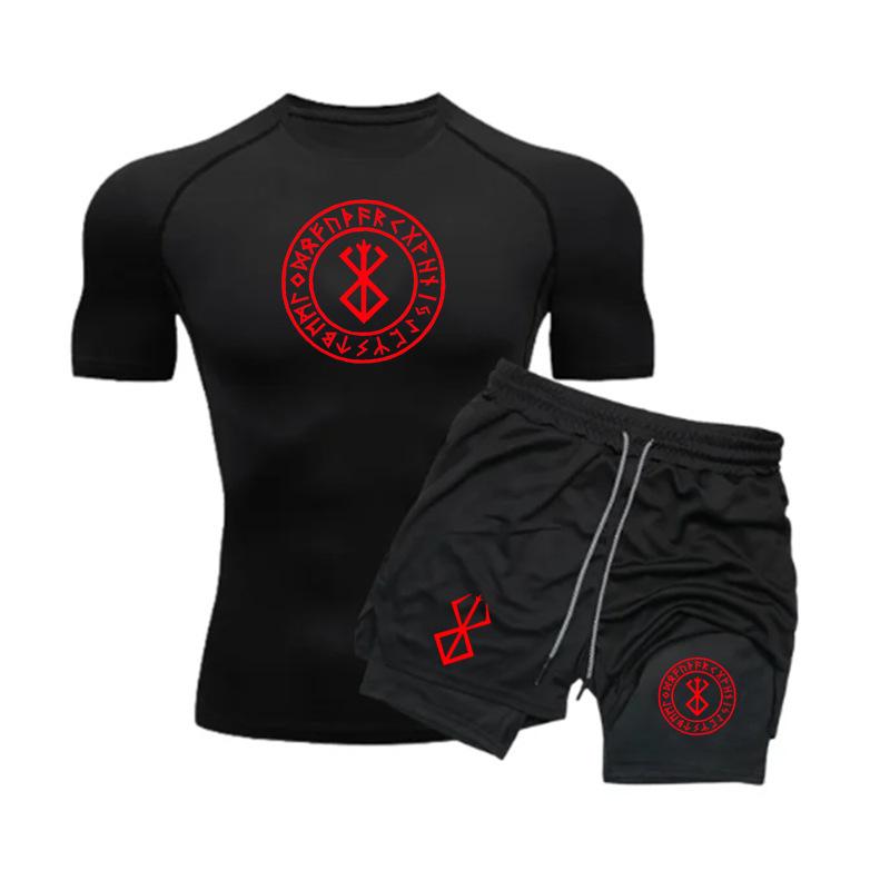 Men's Anime Double-Layer Quick-Dry Shorts & Tee Set for Outdoor Running & Fitness