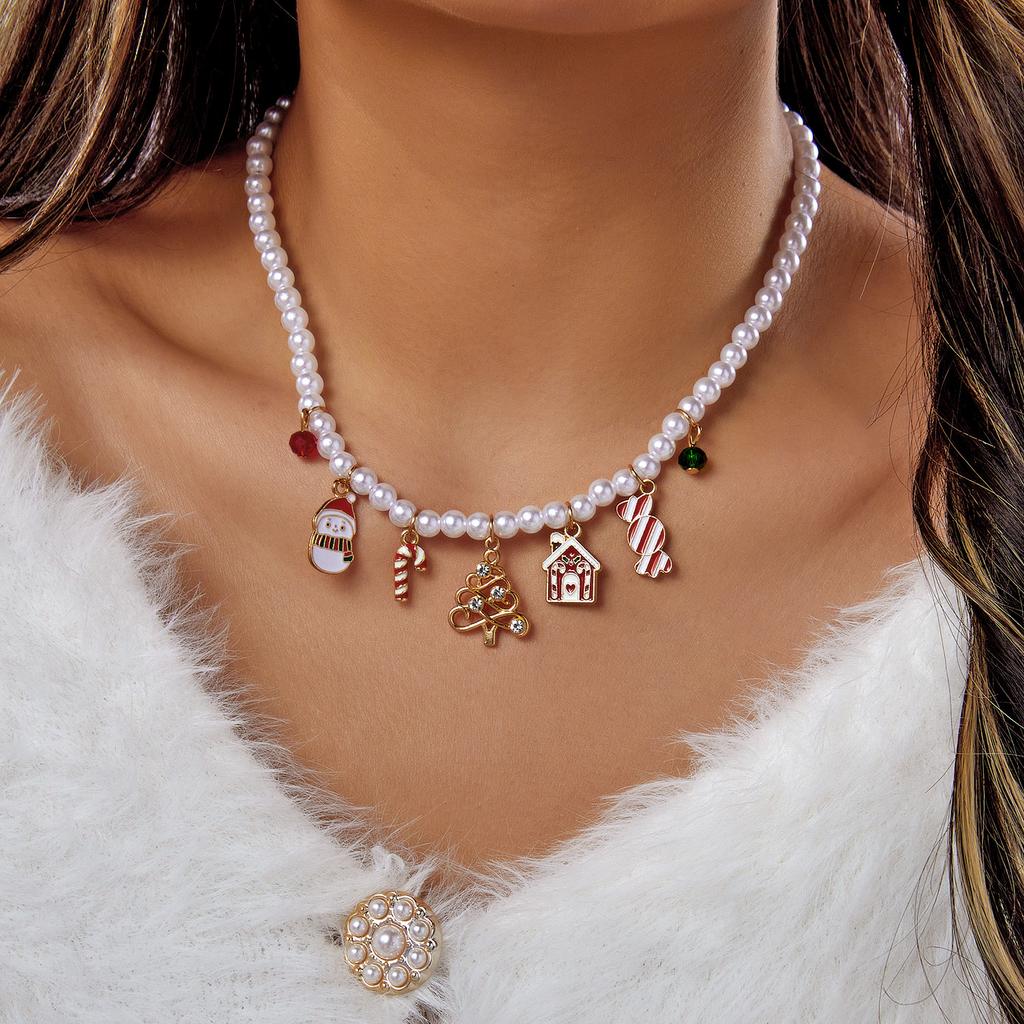 Christmas Imitation Pearl Choker For Women Xmas Gingerbread Man Snowman Bell Elk Pendant Necklace New Year Party Jewelry Gift