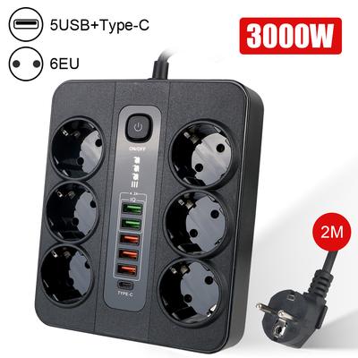 2M Cable 3000W Overload Protection Extension Socket With Safety Switch EU Plug USB Type C Power Strip