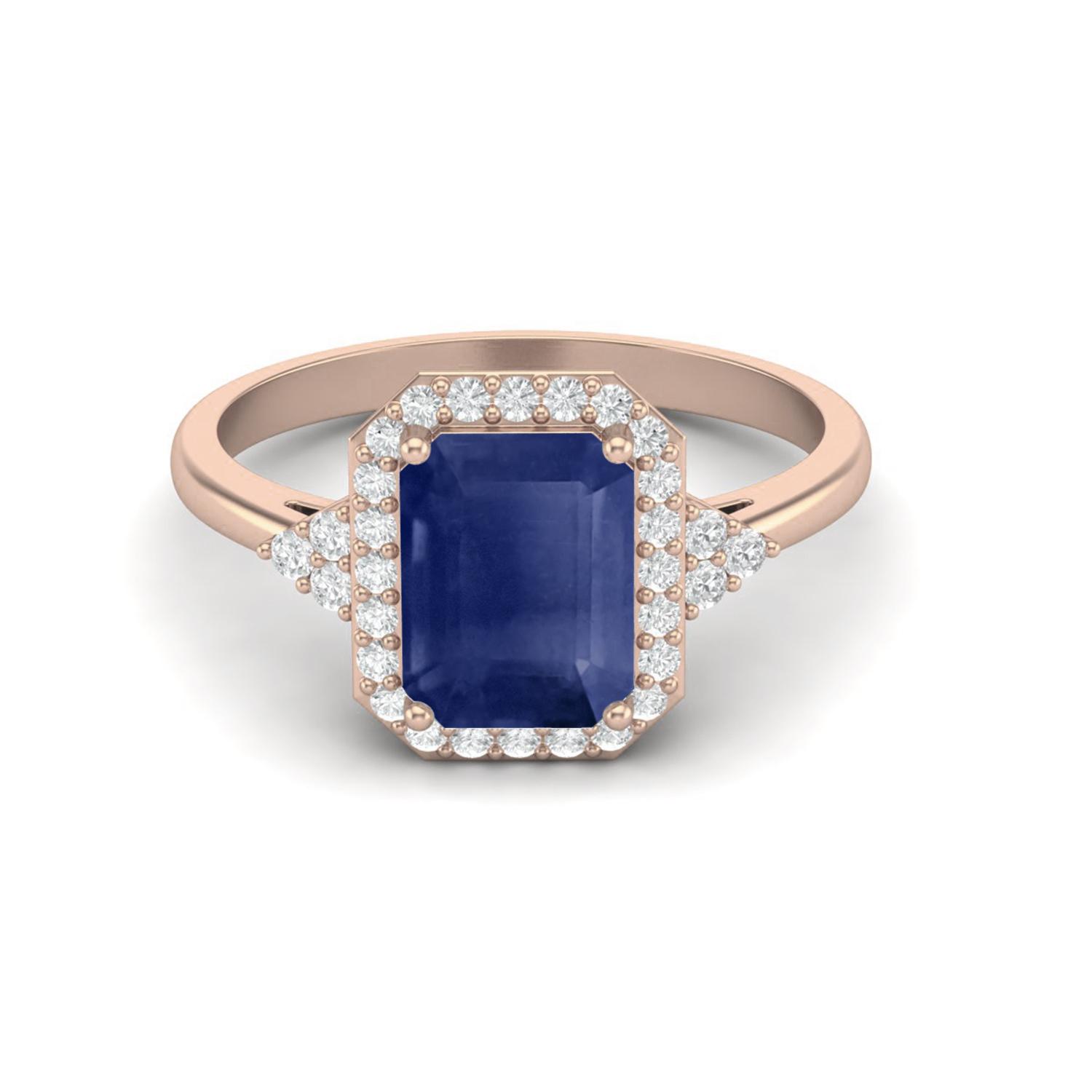 7X5mm Octagon Blue Sapphire 925 Sterling Silver Rose Vermeil Solitaire Women Wedding Ring