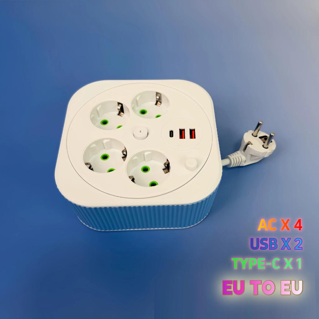 Retractable USB Power Strip – Square Portable Extension Cord with 2-Meter Cable, Multi-Socket Charging Station
