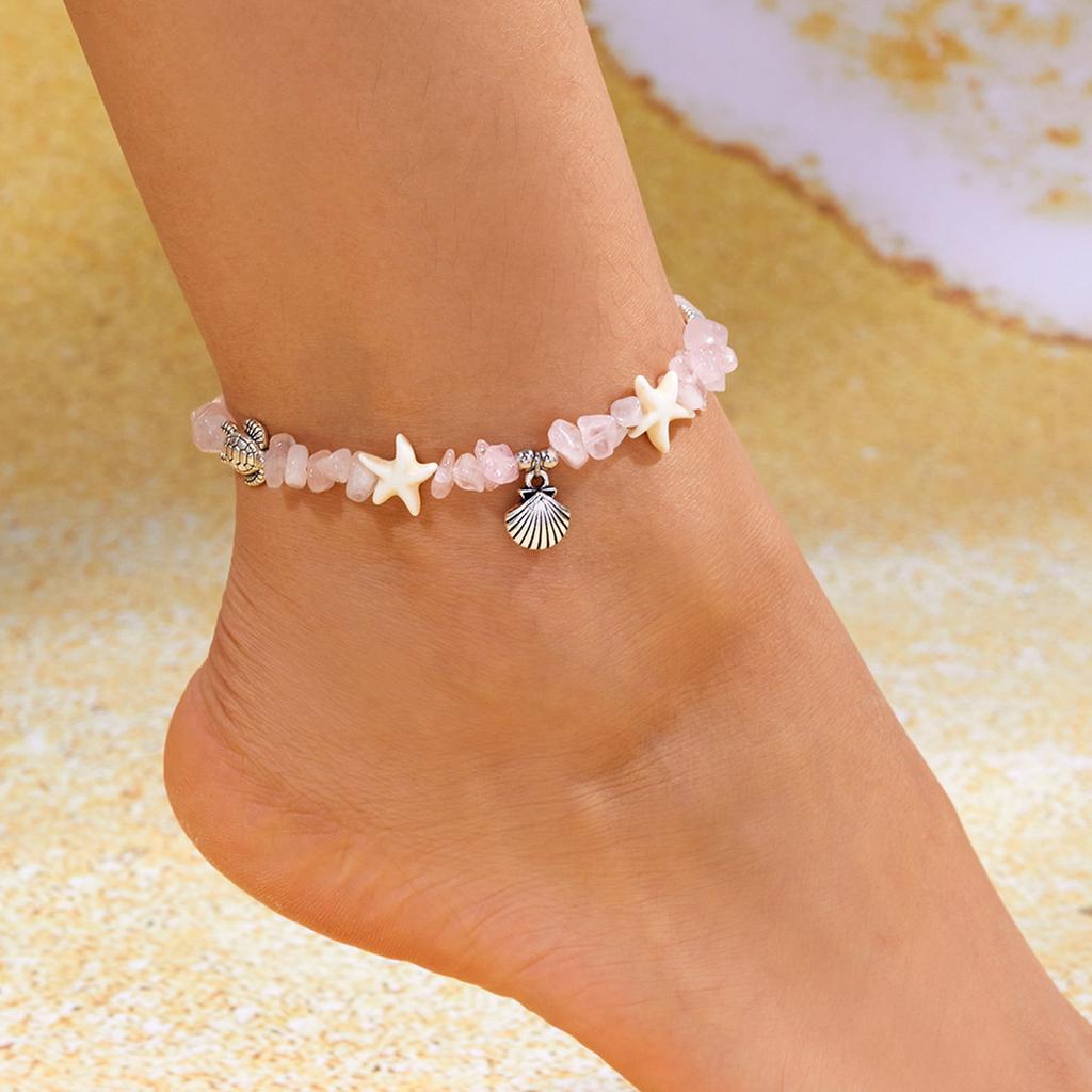 Fashion Sweet Pink Crystal Beaded Bracelet for Women Boho Turtle Starfish Shell Anklets Leg Foot Chain Summer Beach Jewelry Gift
