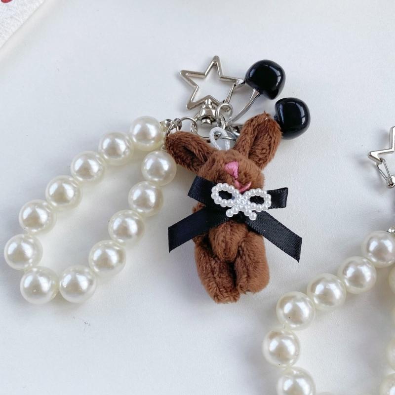Adorable Rabbit Cherry Charm Keychain With Imitation Pearls Detachable Phone Strap Bag Accessories For Girls