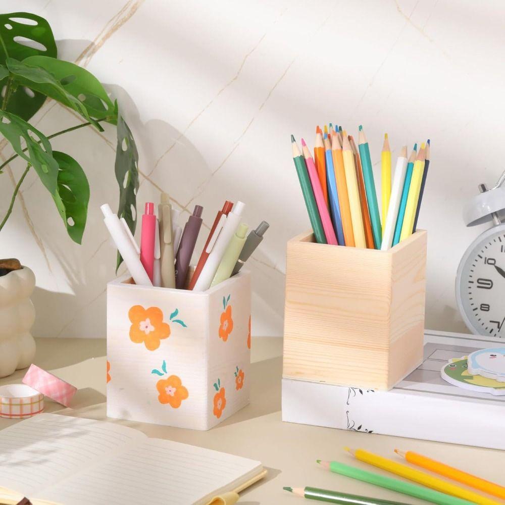 Wooden Pen Container DIY Painting Desktop Organizer Portable Makeup Brush Holder  Gift