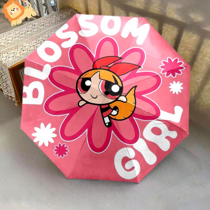 1PC The Powerpuff Girls Umbrella Portable Folding Umbrella Iron Frame Hole Bone Structure Outdoor Home Umbrella A4