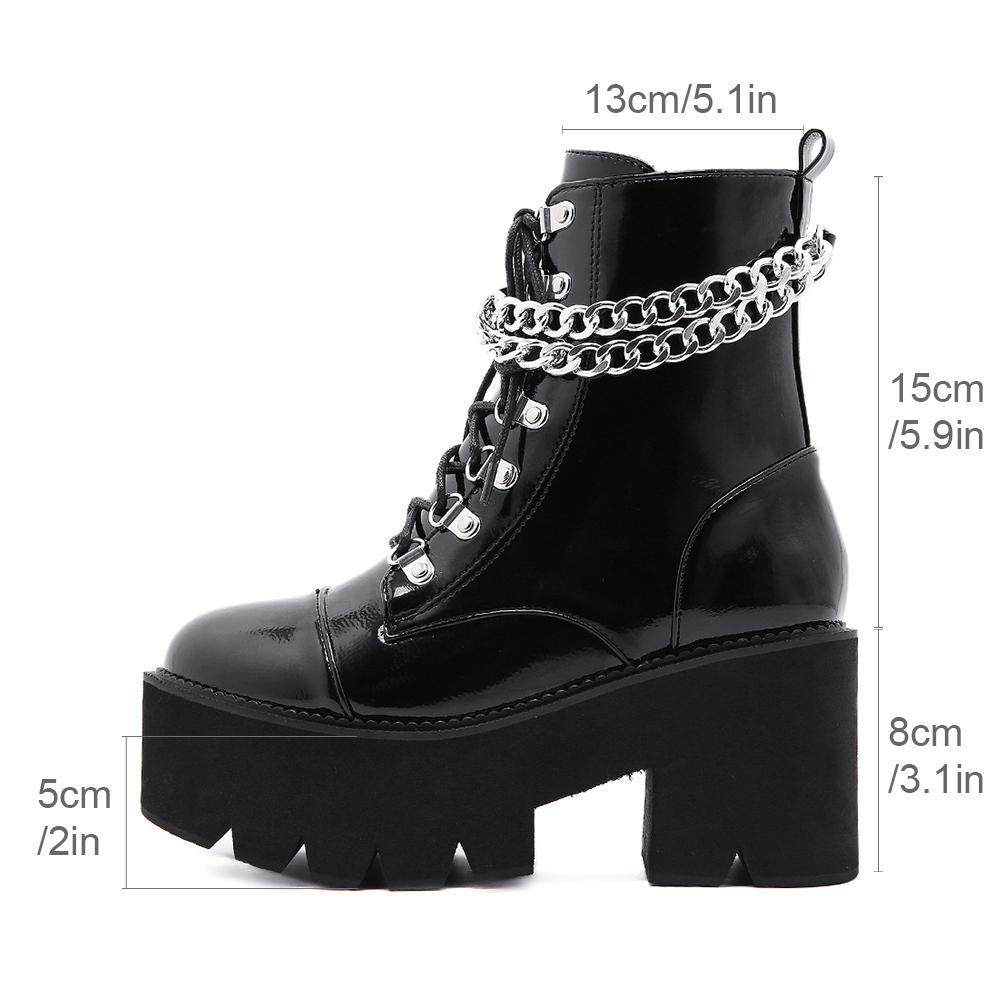 Gothic Black Boots for Women Sexy Chain Chunky Heel Platform Boots Female Punk Style Ankle Boots Zipper