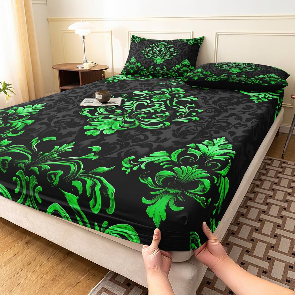 3pcs Black White Floral Digital Printed Fitted Sheet, for Home Bedroom Dormitory and Hotel Use (1 Fitted Sheet + 2 Pillowcases)