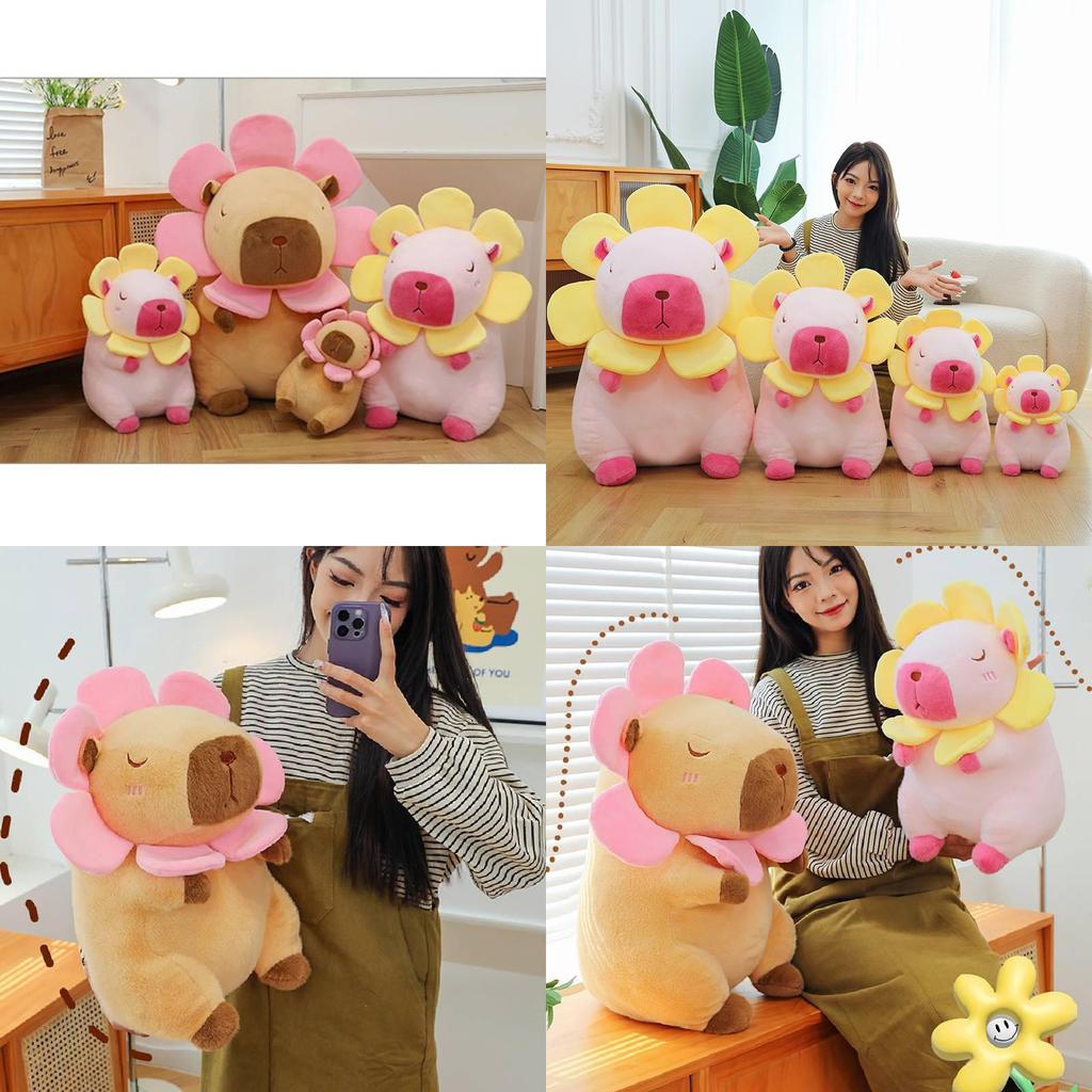 Adorable Pink And Brown Sunflower Capybara Plush Toy Soft Pillow For Kids And Girls
