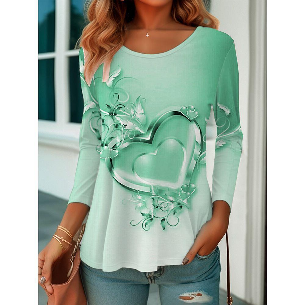 Autumn and Winter Ladies 3D Printed V-Neck Long Sleeve T-Shirt Fashion Versatile Trend Breathable Casual