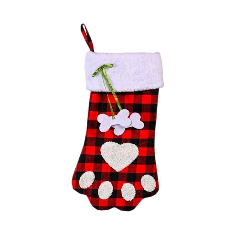 

Cozy Red And Black Plaid Dog Paw Christmas Stocking Festive Gift Bag For Kids