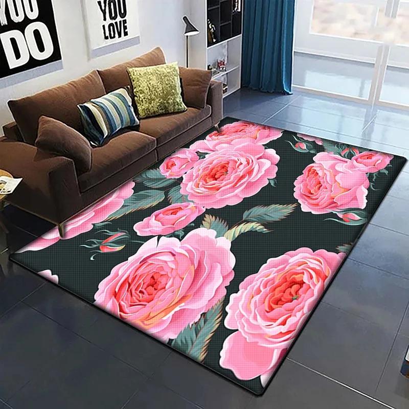 Rose Flower Print Carpet Living Room Rugs Anti-Slip Bedroom Bathroom Home Sofa Decor Floral Floor Mats Balcony Hallway Doormat