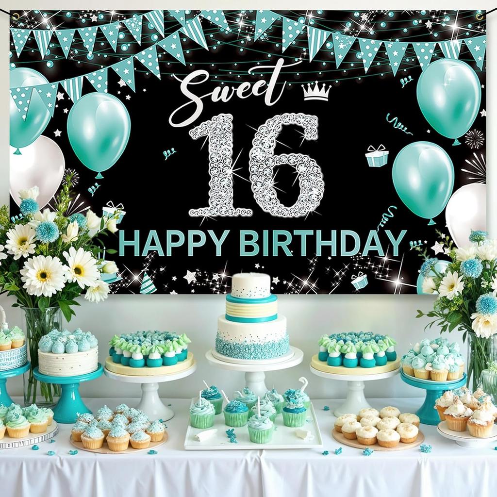 Sweet 16 Party Decorations, Fabric Happy 16th Birthday Banner Backdrop, Sweet Sixteen Birthday Decorations for Girls, Turquoise 16 Birthday Yard Sign
