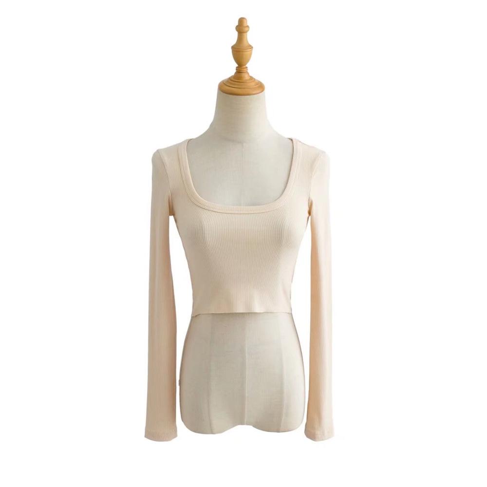 

Модный женский укороченный топ с рубчиком, круглым вырезом и длинными рукавами Small абрикосовый