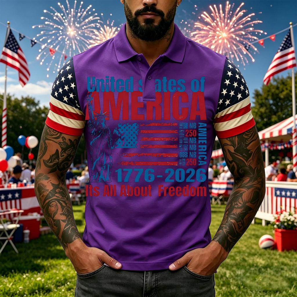 Men's Casual Short Sleeve Polo Shirt with Graphic Print and American Flag Pattern Sleeves Button Down Collar Athletic Fit