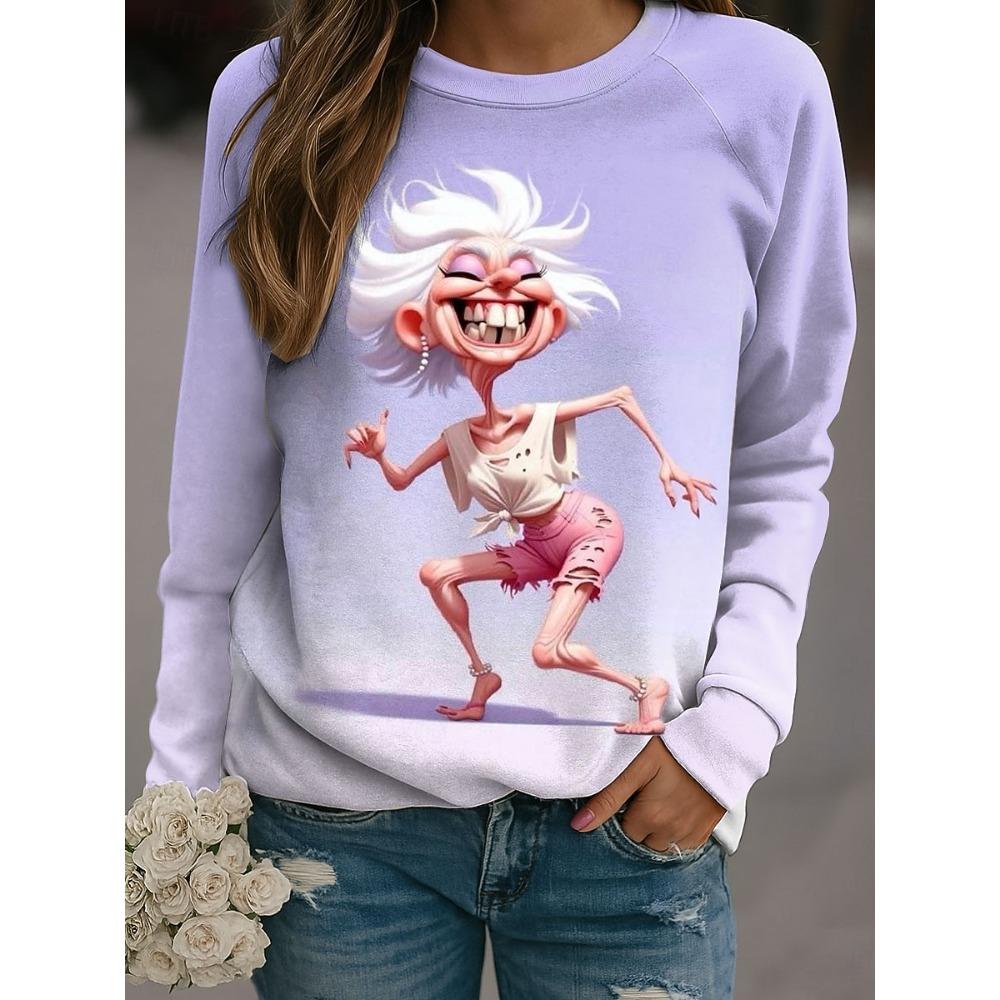 Fall Winter Pullover Women's Funny Old Lady Sweatshirt Trendy 3D Print O-Neck Long Sleeve Tops  Women's Apparel Streetwear