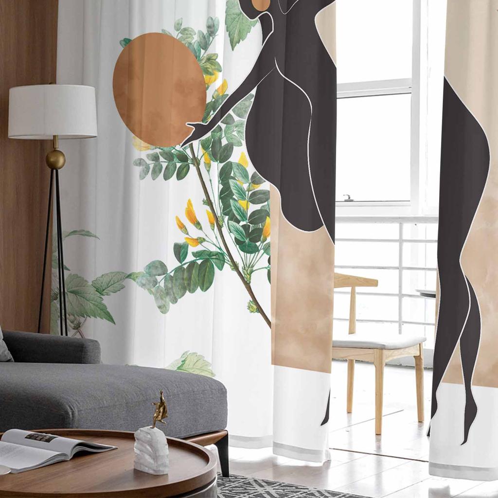 Böhmischer abstrakter weiblicher Silhouette-Blatt-Aquarell-Tüll-Fenstervorhang für Schlafzimmer, Luxus-Vorhänge im Wohnzimmer, Chiffon-Paneele