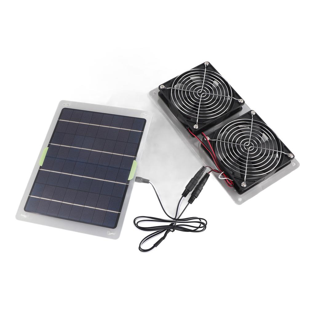 Solar Panel Powered Fan 2 Fans 100W 20V Green Energy Portable Convenient Mini Ventilator for Dog Pet House Greenhouse RV