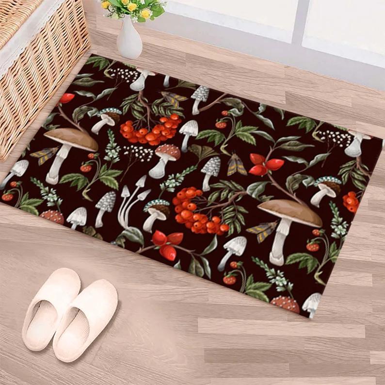 Mushroom Forest Area Rug Decor Effect Embroidered Farmhouse Cottage Carpet Vintage Style Elegant Boho Shabby Chic Home Decor