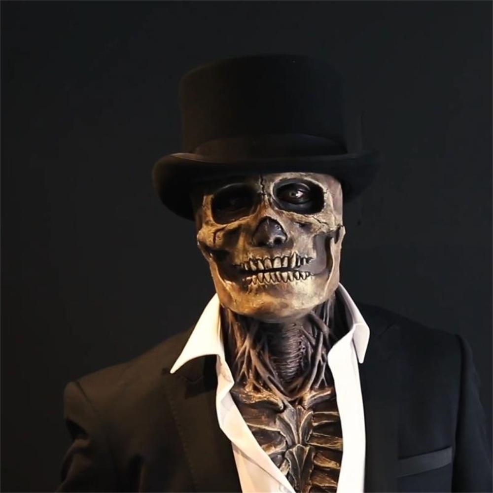 Maska lebky přes celou hlavu s černým kloboukem, kostra, hrozná halloweenská cosplay maska