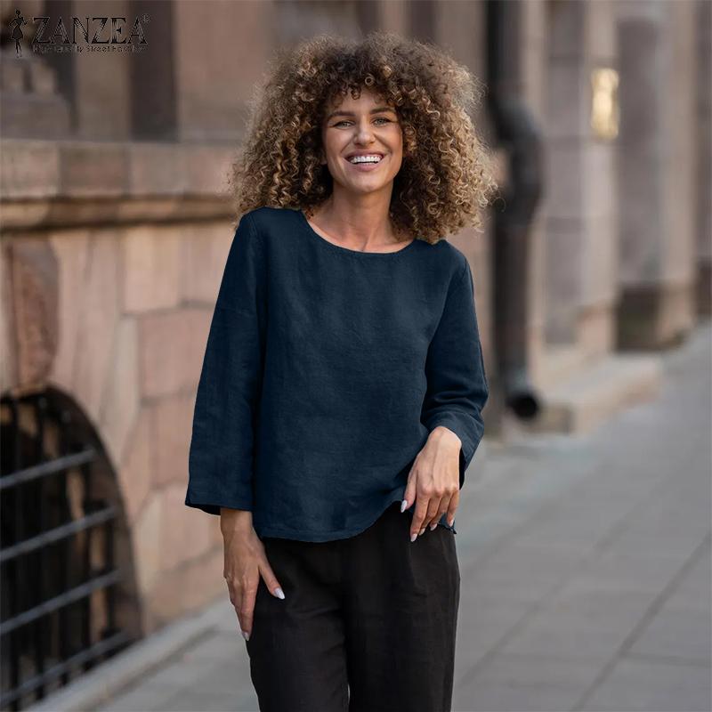 ZANZEA Women Casual Round Neck Solid Color Loose 3/4 Sleeve Blouse