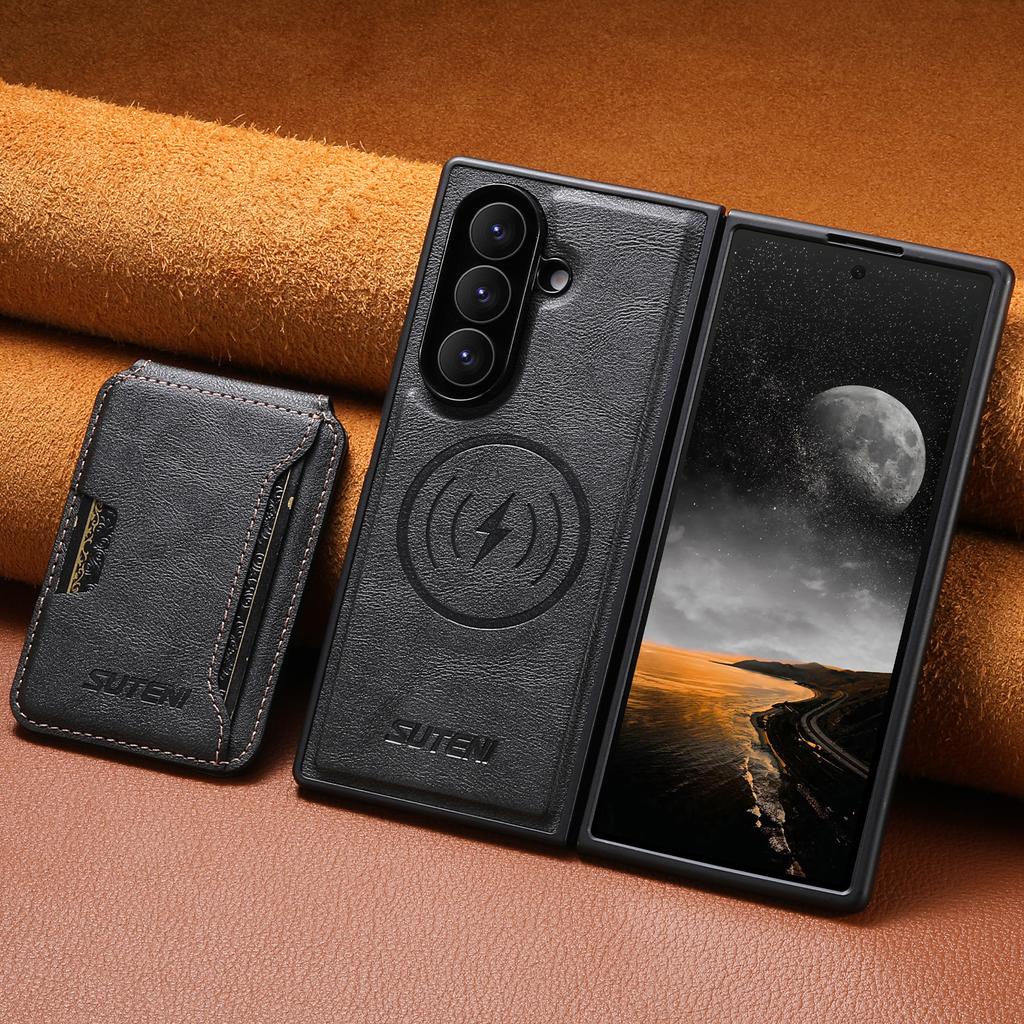 SUTENI Magnet Wireless Charging Luxury Faux Leather Phone Case Card Holder Stand for Samsung Galaxy Z Fold 7 6