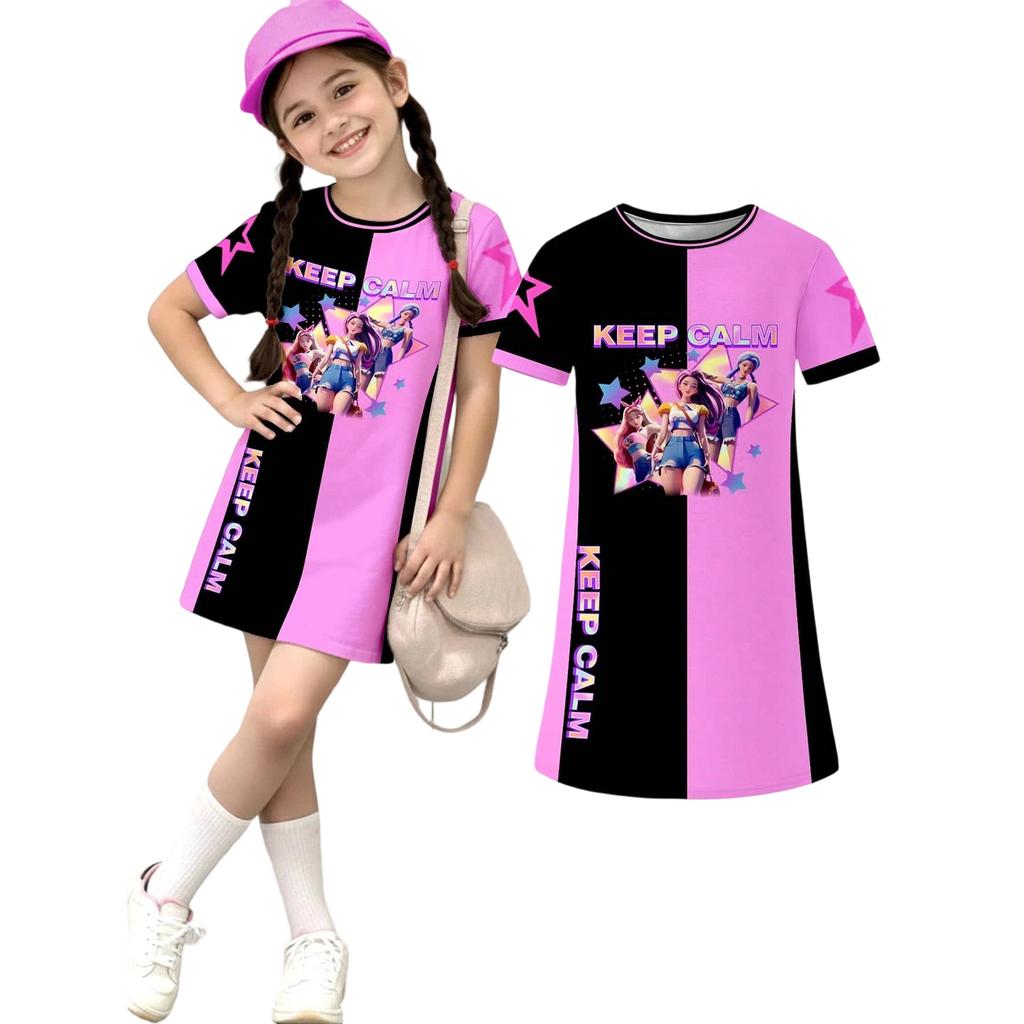Girls Print Casual Dress Kids Loose Round Neck Short Sleeve Thin Sundress