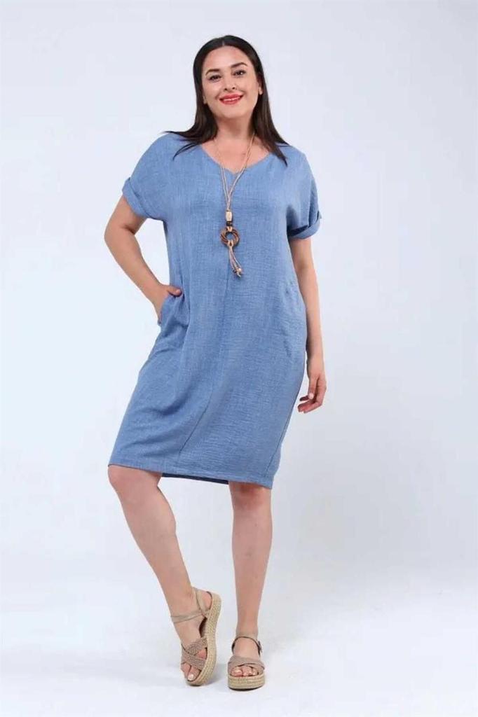 Damen Übergröße Kleid Halskette Plus Size Leinen Ayrobin Kleid Schwarz