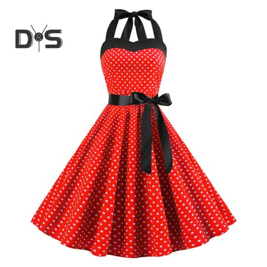 

Женское платье миди с бретелью через шею, шнуровкой, облегающим, с высокой талией, бантом, без рукавов, А-силуэта, свободным подолом, принтом в горошек, в стиле ретро 50-х 60-х годов, женское платье для выпускного вечера с открытой спиной S красный